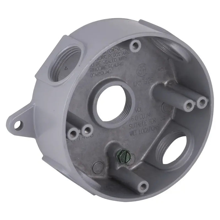 5372 Boîte ronde à l'épreuve des intempéries 5 prises filetées de 3/4 po gris