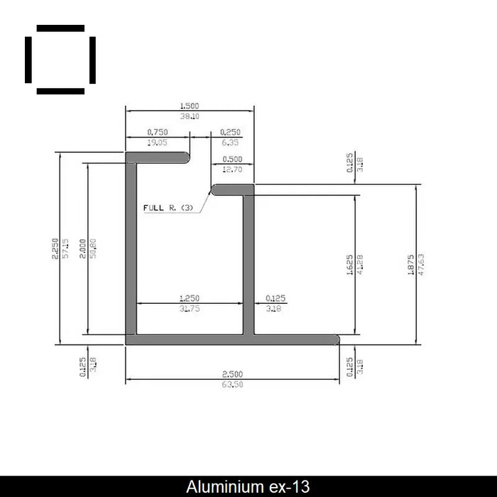 Profile creux aluminium 2.5" X 2.25" X 21'